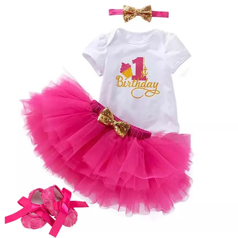 Baby Girls 1st Birthday Cake Smash 4pcs Outfits Sets Birthday Dress 1 Year Old Girl DGHB-001