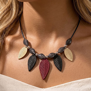 Boho Black Leather Cord Necklace Multicolor Leaf Pendant Smooth Oval Beads Women Vintage Daily Fashion Neck Jewelry - Product Image 4