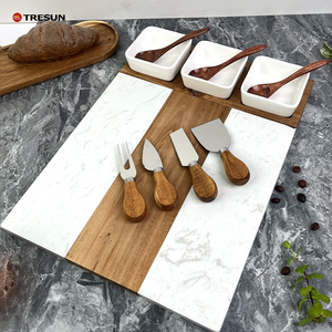 Planche à charcuterie en marbre et bois d'acacia, ensemble de service 11 pièces avec bols et ustensiles inclus, gravure laser, vente en gros, cadeau - Product Image 5