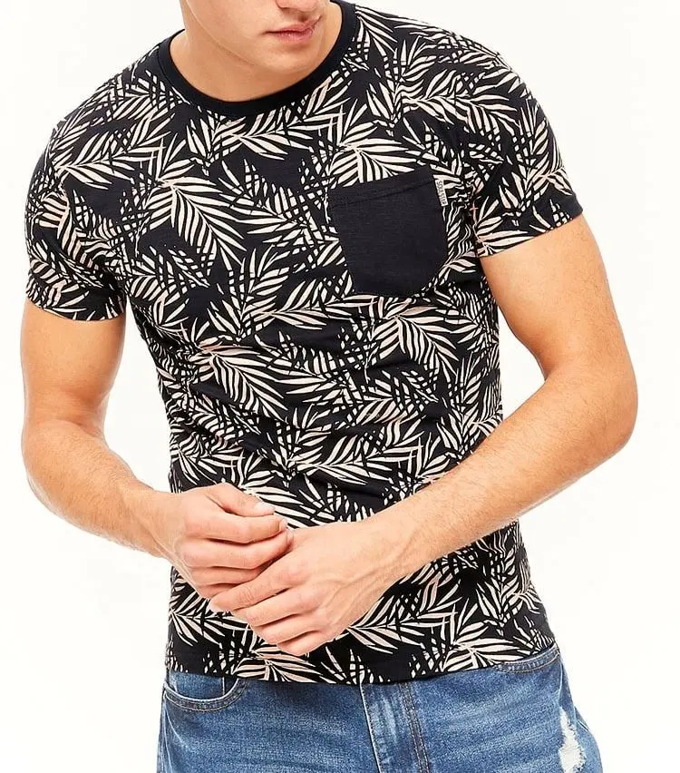 Camisetas con estampado de hojas ropic para hombre, camisetas elegantes de alta calidad con bolsillo de parche, Camisetas estampadas personalizadas de fabricante 100% de algodón suave