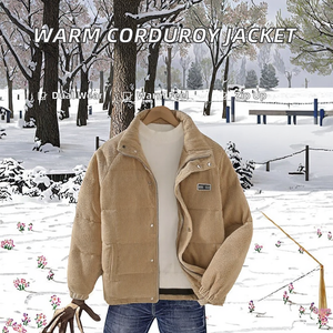 Veste en velours côtelé chaud décontractée d'hiver S-5XL, col montant, logo frontal, réversible, simple boutonnage, fermeture éclair - Product Image 2