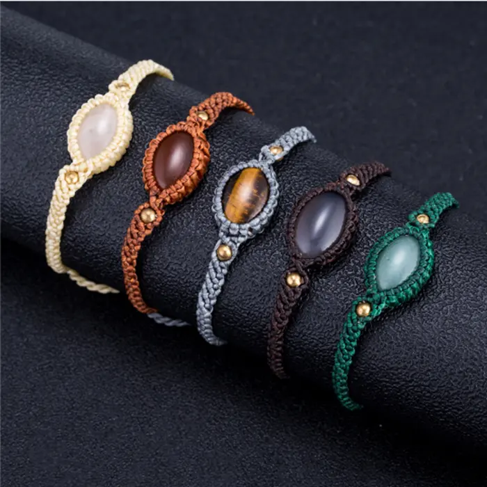 Trang Sức Dân Tộc Bện Macrame Bông Tay Dệt Sáp Điều Chỉnh Dây OEM Đá Tự Nhiên Charm Bracelet Cho Phụ Nữ