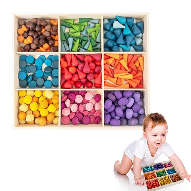 WEBEEDY 324 Pcs Loose Wooden Parts, Loose Part Kit aus Holz, Sensory Play Toys, Loose Parts Play Set 9 Formen 27 Farben Ra