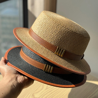 Topi Wanita Gaya Hepburn Landfond, Topi Pelindung Matahari Wanita untuk Luar Ruangan, Topi Jerami Datar Gaya Prancis