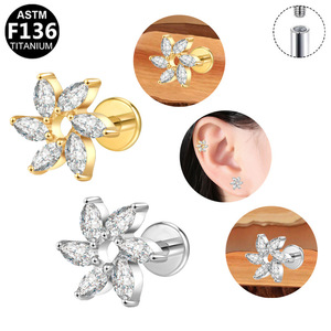 <b>Titanium</b> Earrings Flower Shape Prong Setting F136 Internal Thread Unisex Piercing Jewelry Gift - Product Image 3