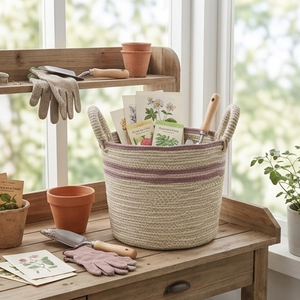 Cesta de almacenamiento de cuerda de algodón a rayas, organizador tejido a mano para habitación de bebé con asas para juguetes, pañales, ropa sucia - Product Image 4