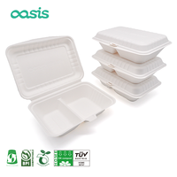 Oasis Boîte à lunch jetable écologique de 9 pouces, étanche et sûre pour les assiettes, nouveau design à charnière, bagasse de camping à 2 compartiments