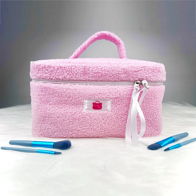 Estuches de lápices de felpa de cordero para mujer, bolsas de cosméticos de maquillaje, bolsa de almacenamiento con cremallera de viaje de terciopelo de peluche