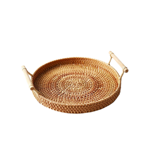 Round Rattan Serving <b>Tray</b> with Bamboo Handles Natural Finish Decorative <b>Basket</b> for Home Use - Product Image 1