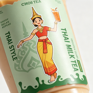 Autocollants découpés à la forme de dessins animés verts, papier couché de haute qualité, motifs graphiques ethniques pour emballages de thé au lait thaïlandais, boîtes cadeaux - Product Image 4