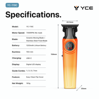 Tondeuse à cheveux électrique sans fil YC-119C avec affichage LED, charge USB-C, autonomie de 150 minutes, 7000 tr/min, lames en céramique et acier inoxydable