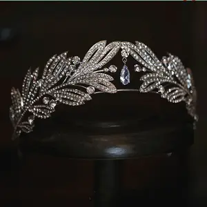 DaiMing HG08187 Unique Design Full Diamond Leaf Goddess Crown Zircon Teardrop Dress Hair Accessories Jewelry