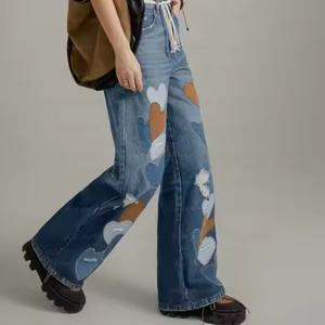 Pantalones Vaqueros Anchos de Mezclilla con Parche Bordado de Corazón para Mujer, Estilo Push-Up, Pierna Recta, Holgados, OOTD - Product Image 2