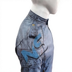 Blouson de moto en cuir pour homme Nabtay Sports, col montant, fermeture éclair frontale, style motard, coupe ajustée, finition délavée, idéal pour l'automne - Product Image 2