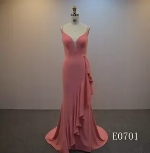 Latest Style Spaghetti Strap Sleeveless Bridal Dress Sexy Pink Crepe Mermaid Wedding Dress with Zipper Prom