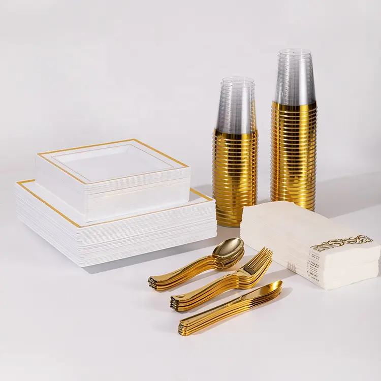 डिस्पोजेबल 350 टुकड़ा वर्ग सोने रिम प्लेटें बर्तन प्लास्टिक सेट
