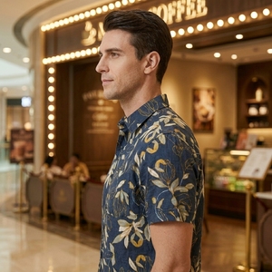 Magnificent Cost Short Sleeve 100% Organic Cotton Print Camp Collar Sustainable Abstract <b>Repeat</b> Pattern Mens Tropical Shirts - Product Image 5