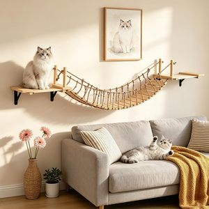 Eco-Friendly Classic Wooden <b>Cat</b> <b>Tree</b> with Roped Bridge Wall Shelves <b>Bed</b> & Perches for Indoor <b>Cats</b> Carton Packed - Product Image 3
