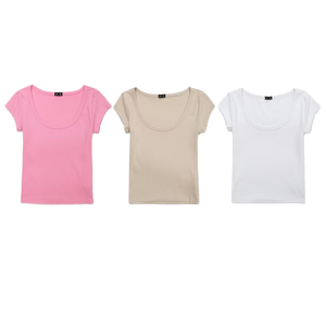 Camiseta Casual de Punto Acanalado con Cuello Redondo PB&ZA para Mujer, Manga Corta, Corte Regular, Verano 2026, Poliéster/Algodón, Teñido Liso - Product Image 1