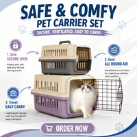 Cage de transport pour animaux de compagnie en treillis métallique écologique avec poignée supérieure et gamelles intégrées pour nourriture et eau, idéale pour les vétérinaires et le transport aérien des animaux.