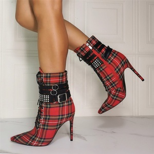 Big Size 47 New Arrivals Plaid Pattern Ankle Buckle Strap Pointed Toe Women Ankle Boots Thin High <b>Heel</b> Short Booties for Ladies - Product Image 4