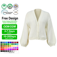 Cardigan en maille pour femme, col en V, manches lanternes, anti-plis, épaisseur standard, bouton unique, coupe courte