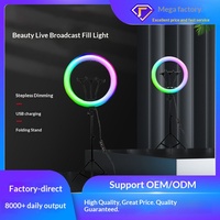 Lampe annulaire de diffusion en direct TikTok 10W avec charge USB, RGB, intensité réglable, couleurs ajustables, télécommande et support pliable