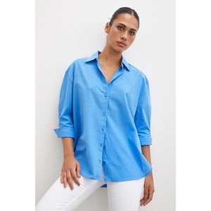 Chemise en lin boutonnée pour femme, bleue, style décontracté, design simple, poignets larges - Product Image 1