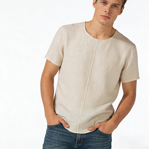Camiseta de <span class=keywords><strong>Hombre</strong></span>, Corte Relajado, Tela de Lino, Transpirable, Ligera, Color Beige, Dobladillo Curvo, Informal, para Uso Diario, con Costura Central - Product Image 1