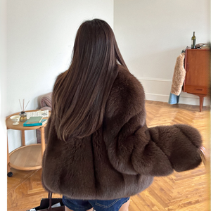 <span class=keywords><strong>Cappotto</strong></span> in Vera Pelliccia di Volpe Intera per Donna, Marrone Scuro Vintage <span class=keywords><strong>Senza</strong></span> Colletto, Corto e Ampio, Colore Personalizzabile - Product Image 3