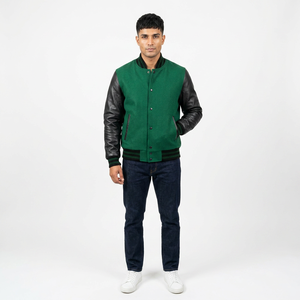 Veste de baseball en cuir véritable et laine pour homme, personnalisable, noire, avec logos brodés en couleur personnalisée - Product Image 1