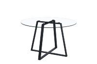 Ensemble de table à manger moderne de luxe avec chaises en tissu gris, structure en fer, plateau rond en verre écologique pour salle à manger et hôtellerie