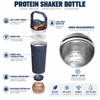 Shaker à protéines en acier inoxydable avec tamis et compartiment de rangement 500 ml, double paroi thermique pour la musculation, le fitness et les pré-entraînements