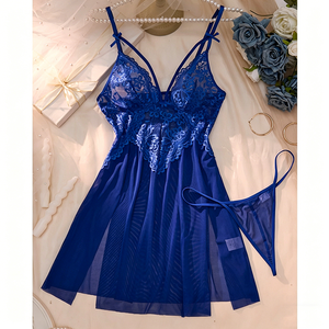 工厂热销夏季性感内衣女式网纱睡衣红色蕾丝刺绣睡衣 - Product Image 1