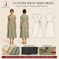 Pabrik Joydressing Gaun Linen Wanita Custom Model Wrap Polos Lengan Pendek Berkerah V Ikat Pinggang Musim Panas Kasual Midi Robe OEM