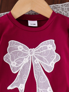 Completo Estivo per Ragazze: T-Shirt a Maniche Corte con Fiocco Rosso e Pantaloni in Cotone Stampato - Product Image 2