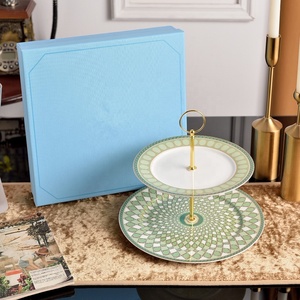 European Luxury Green 2-<b>Layer</b> Bone China Round <b>Under</b> Glazed Cake Tray for Home Office Wedding - Product Image 2