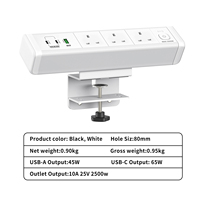 Multiprise de bureau à fixation murale 65W en alliage d'aluminium, 125V 13A, sorties USB-C et USB-A, 3 prises, pour le Royaume-Uni