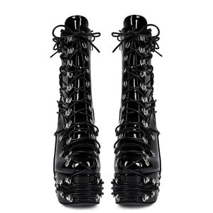 Botines de Mujer Talla Grande 47 con Hebillas Metálicas, Ajuste <span class=keywords><strong>Ancho</strong></span>, Tacones Gruesos Altos, <span class=keywords><strong>Plataforma</strong></span>, Zapatos de Charol, Botines Cortos con Cordones Cruzados - Product Image 4