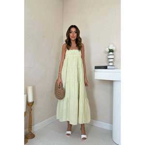 ชุดเดรสผ้ามัสลินลายทางสีเขียวเอวยางยืด สายเดี่ยว ทรงหลวม ระบายอากาศได้ดี สวมใส่สบายทุกวัน ผ้าทอ - Product Image 4