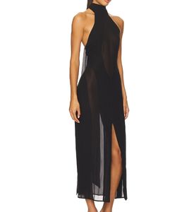 कस्टम अपरिभाषित महिला आकस्मिक पोशाक बुना प्राकृतिक कमर सेक्सी ठोस पैटर्न सरासर चिफ्लिन हैल्टर मैक्सी लंबाई - Product Image 2