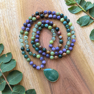 สร้อยคอหยกมอสธรรมชาติ, พรีไนต์, หยกเขียว, สร้อยมาลา <span class=keywords><strong>108</strong></span> เม็ดผูกด้วยมือ, เครื่องประดับสำหรับการทำสมาธิ, คริสตัลบำบัดสไตล์โบโฮ, ของขวัญสำหรับโยคะและการสวดมนต์ - Product Image 3