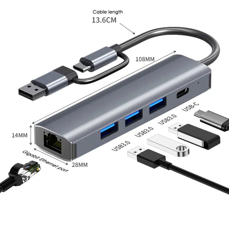 5 em 1 hub RJ45 1000M Ethernet Gigabit Porta PD USB 3.0 Porta USB 2.0 Tipo C com cabo 2 em 1 USB e estação de acoplamento Tipo C