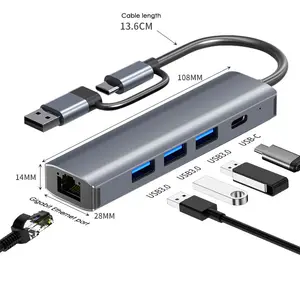 5 in 1 Hub RJ45 1000M Ethernet Gigabit Port PD USB 3.0 Port USB 2.0 tipe C dengan 2 in 1 kabel USB dan Tipe C stasiun Dok