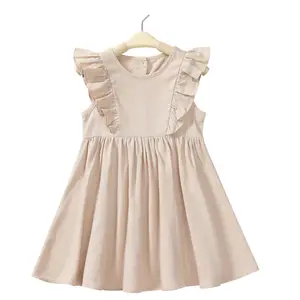 Vestido de verão bonito para meninas, vestido casual de algodão e linho de cor sólida, vestidos de verão para crianças