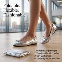 Chaussures plates pliables pour femmes avec logo personnalisé, argent métallisé, à enfiler, pour voyage, avec nœud, portables, vente en gros