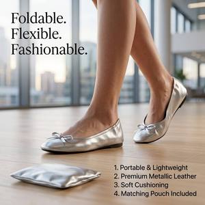 Zapatos Planos de <span class=keywords><strong>Ballet</strong></span> Plegables para Mujer con Logotipo Personalizado al por Mayor, Zapatos Metálicos Plateados Enrollables para Viaje, con Lazo Decorativo y Bolsa Portátil - Product Image 2