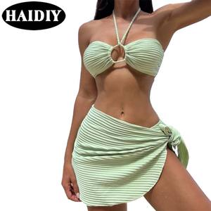 Nieuwe Sexy Effen Getextureerde Speciale Stof Cover Up Halter Rugloze 3-delige Bikini Set Strandkleding Badpak Vrouwen Badmode - Product Image 1