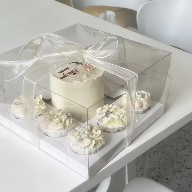 New Style Custom Cookie Pastry 10'' Square 5 cupcake + 5'' Cake Box Clear Cupcakes Packaging Box Party Cake box