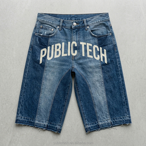 Custom Vintage Stone Wash Panel Spliced Denim Jorts Screen Print Raw Hem Knee Length Hip Hop <b>Mens</b> Shorts <b>Jeans</b> OEM Cut and Sew - Product Image 1